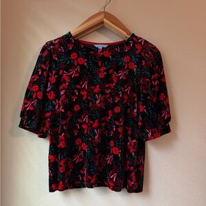 Draper James Black Velvet Floral Puff elbow Sleeve Blouse red black pink green L
